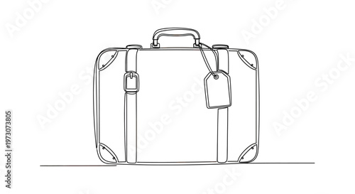 Vintage suitcase with tag and buckle, rendered in a minimalist, continuous line drawing
