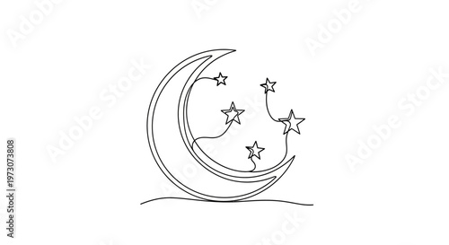 Crescent moon with trailing stars in a minimalist line art style