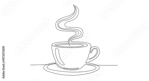 Delicate line drawing of a steaming cup of coffee on a saucer