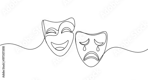 Two contrasting masks, one joyfully smiling, the other sadly weeping, rendered in single-line art