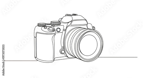 Detailed outline drawing of a single-lens reflex camera with a prominent lens