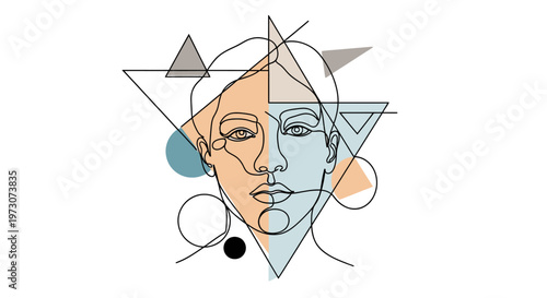 Abstract face formed by lines and geometric shapes in pastel colors