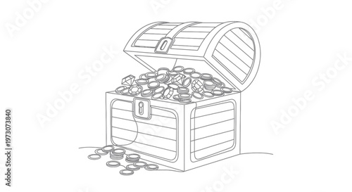 Open treasure chest overflowing with coins and scattered jewels