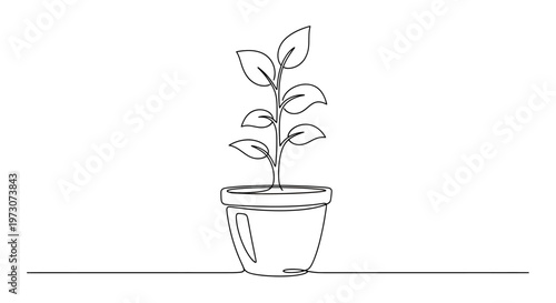 Single line drawing of a healthy seedling growing in a pot