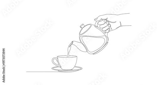 Hand pouring liquid from a teapot into a cup and saucer