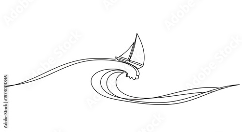Single line drawing of a sailboat cresting a wave