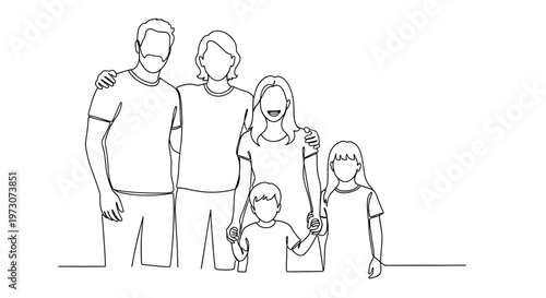 A minimalist line art drawing of a family of five standing together