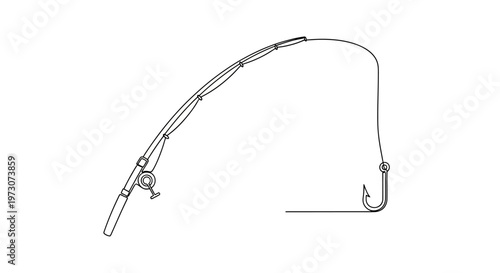 Minimalist line drawing of a curved fishing rod with line, reel, and baited hook