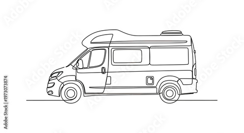 Continuous line drawing of a recreational vehicle with a raised roof section