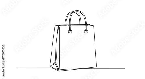 Minimalist line drawing of a single paper shopping bag on a white background