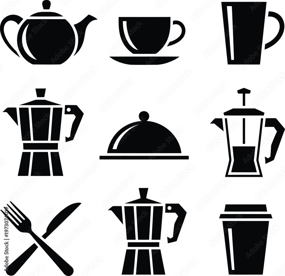Obraz premium Set of black and white icons for coffee and tea service