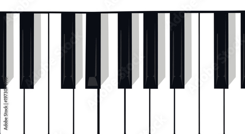 A horizontal close-up view of piano keys, showcasing black and white keys with shadows