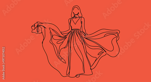 Woman in a flowing gown, depicted with a single continuous black line