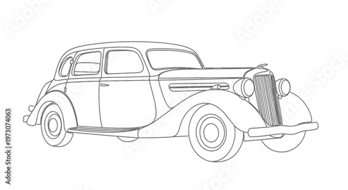 A detailed line drawing of an antique sedan with flowing curves, iconic grille, and round headlamps