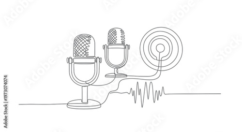 Two microphones and a sound wave on a plain background