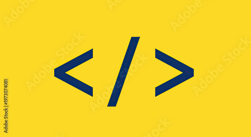 Two angled dark blue brackets surround a vertical line on a bright yellow background