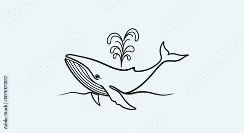 Line art of a whale with a water spout and waves