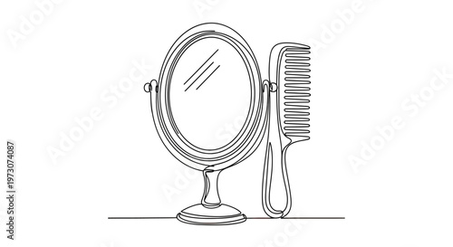 A black and white continuous line drawing of a table mirror and comb