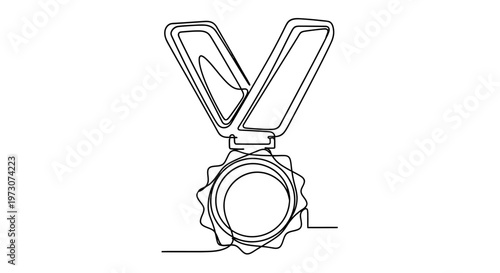 A continuous line drawing of a medal with a ribbon