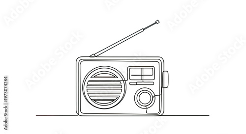 Retro radio with antenna, speaker grill, tuning dial, and volume knob on white