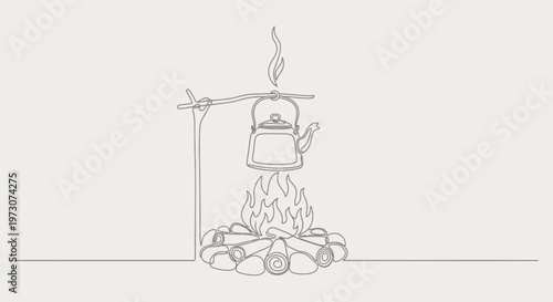 Kettle suspended over a campfire, with steam rising