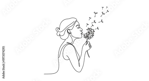 A minimalist line drawing depicts a person blowing a dandelion, dispersing its seeds