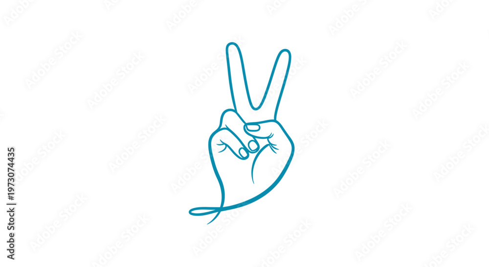 Fototapeta premium Stylized turquoise outline of a hand making a peace sign