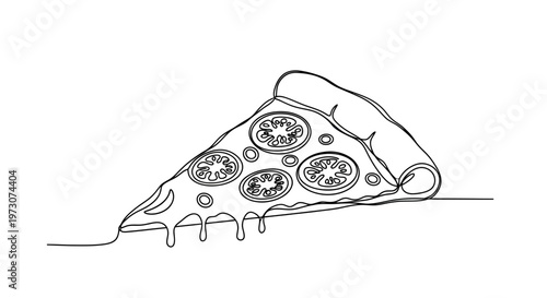 A single line drawing of a slice of pizza with tomato slices and dripping cheese