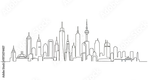 A minimalist, single-line drawing depicts a sprawling urban skyline with various architectural styles