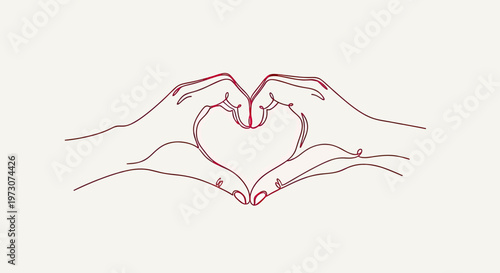 Abstract line art of two hands forming a heart shape with a gradient of red