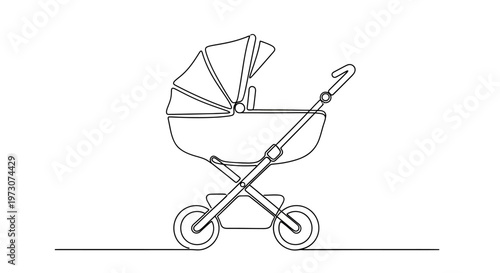 A minimalist line art drawing of a baby stroller on a white background
