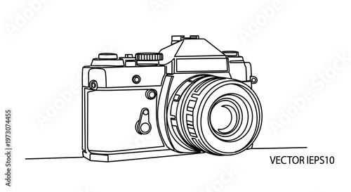 Clean line drawing of a vintage camera with prominent lens and controls