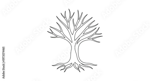 A stark black and white line drawing of a bare, branching tree with prominent roots