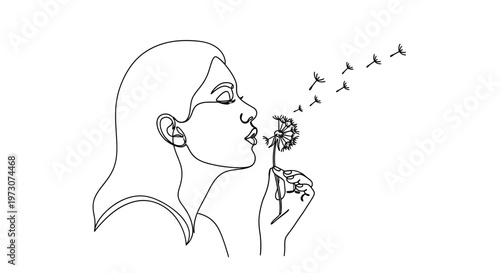 Minimalist line art of a woman blowing a dandelion, seeds scattering