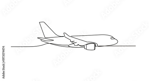 Continuous line drawing of a jetliner with wings, engines, and tail