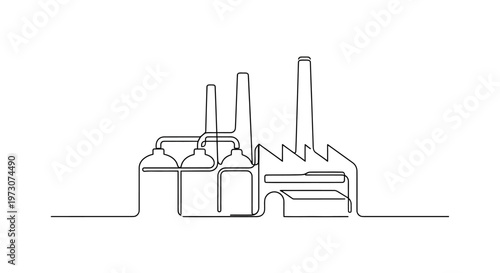 Minimalist line drawing of an industrial complex with multiple towers and tanks