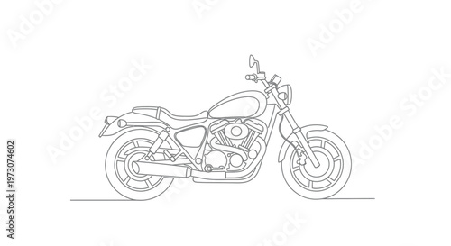 Line art of a cruiser motorcycle on a white background