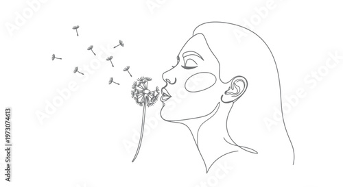 Minimalist line art of a woman blowing dandelion seeds into the wind