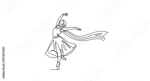A single line drawing depicts a ballerina in a dynamic pose, twirling with a flowing scarf