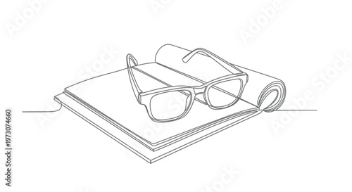 A simple line drawing depicts eyeglasses resting atop stacked papers and a rolled document