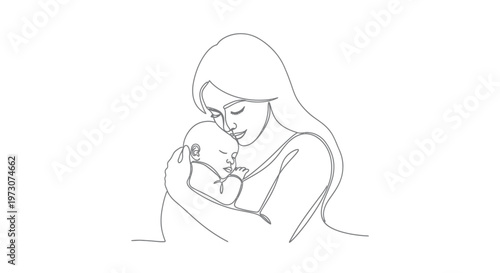 Simple line art of a mother holding her sleeping baby close