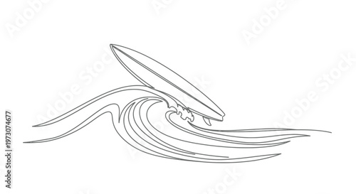 Minimalist outline of a surfboard riding a stylized ocean wave