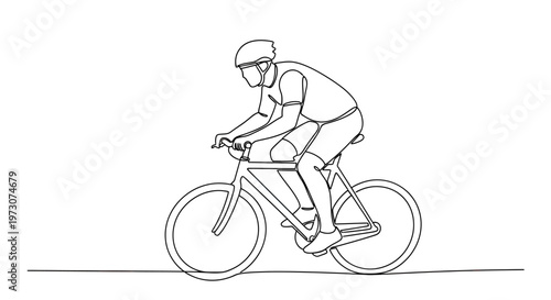 Minimalist line art depicts cyclist in profile, wearing helmet, riding a bicycle