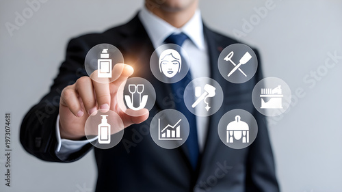 Person in business suit presenting cosmetic products and beauty treatments using holographic interface with icons for various beauty applications.
