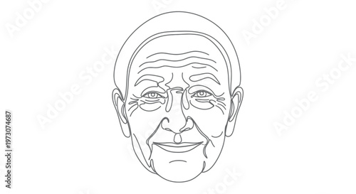 A minimalist line drawing of an elderly person's face, showing deep wrinkles and a gentle smile