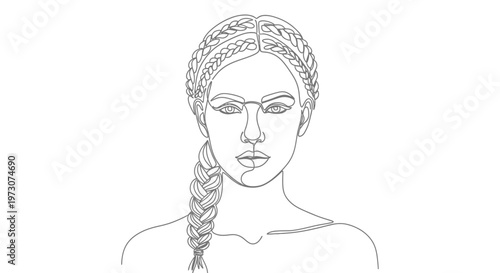 Minimalist line drawing of a woman's face with intricate braids