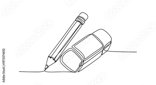 Minimalist line art depicts a sharpened pencil resting on an eraser