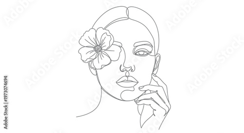 Minimalist line art portrait of a woman with a flower over one eye