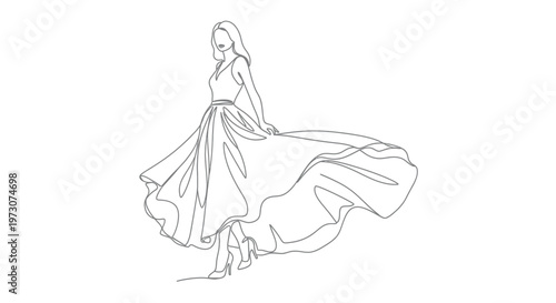 Elegant woman in flowing gown, captured in a single continuous line