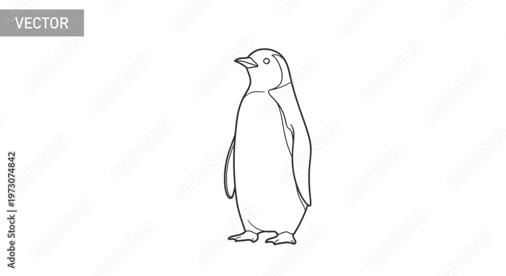 Obraz premium A simple, black and white line drawing of a penguin stands facing left